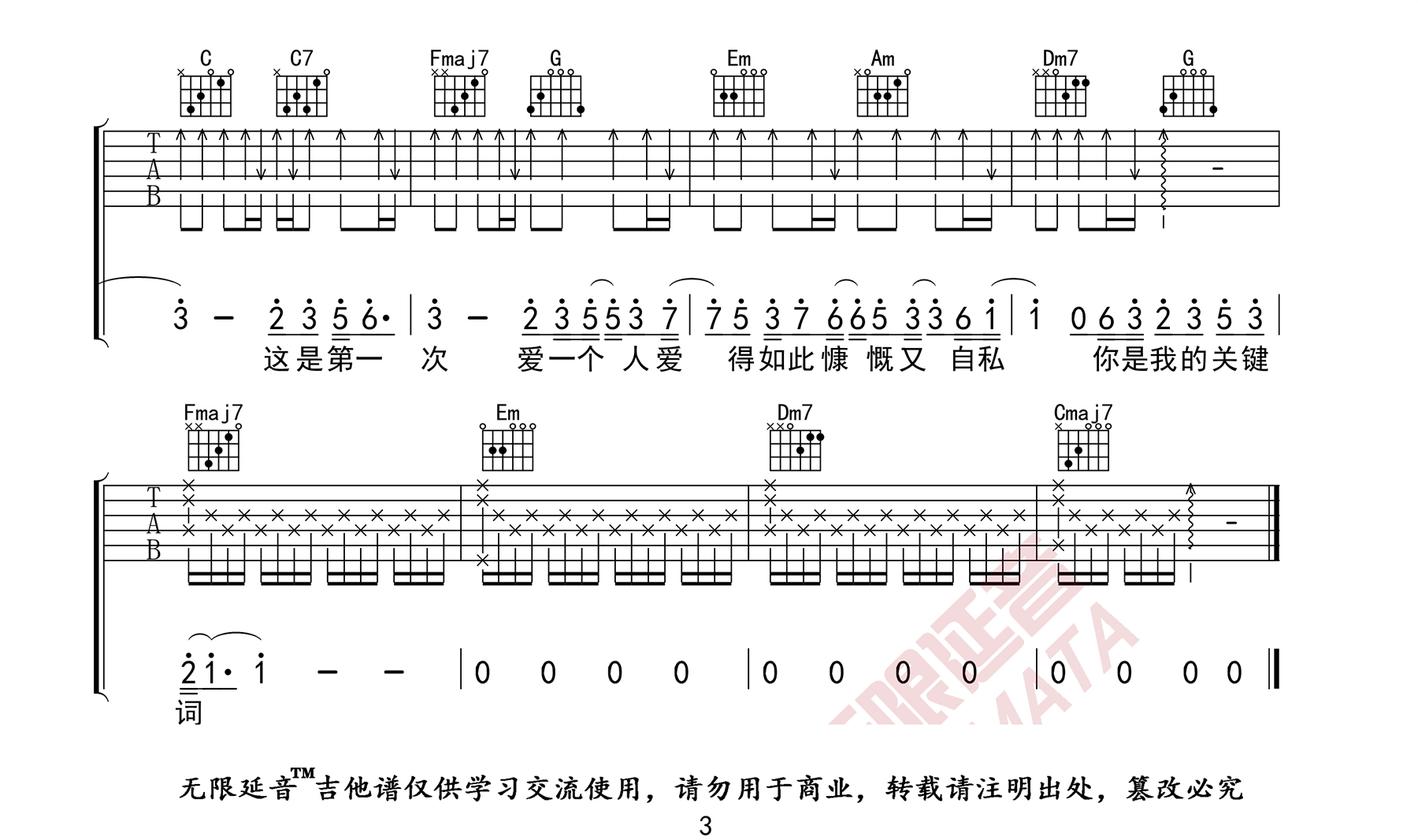 林俊杰 关键词吉他谱C调 弹唱六线谱