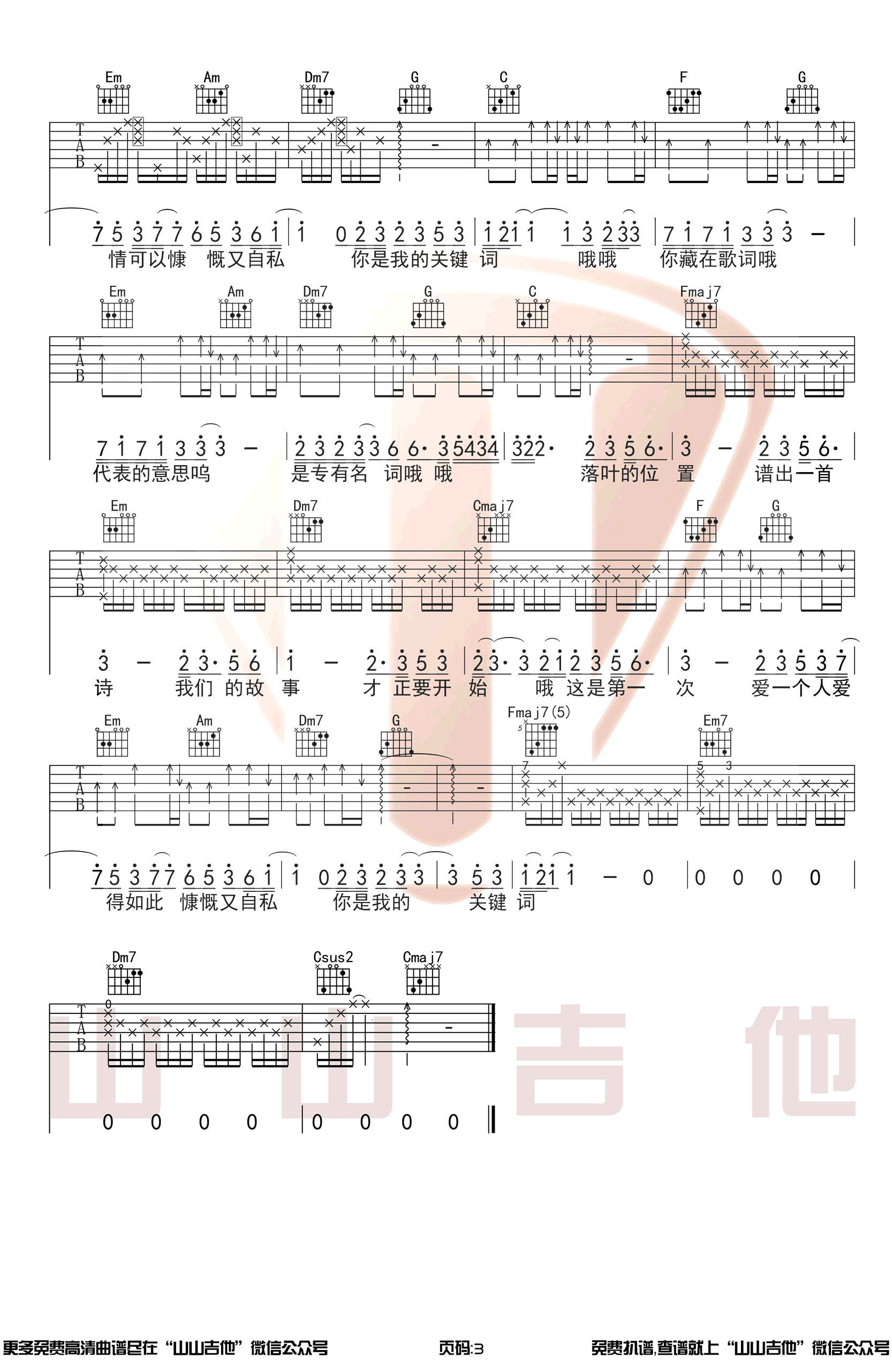 林俊杰 关键词吉他谱C调 弹唱六线谱