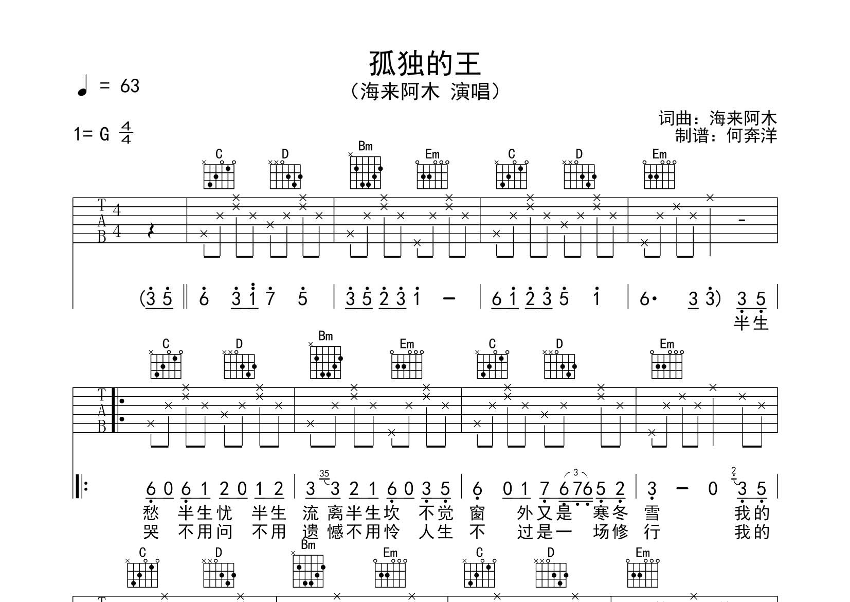 海来阿木 孤独的王吉他谱G调 飞韵吉他弹唱六线谱