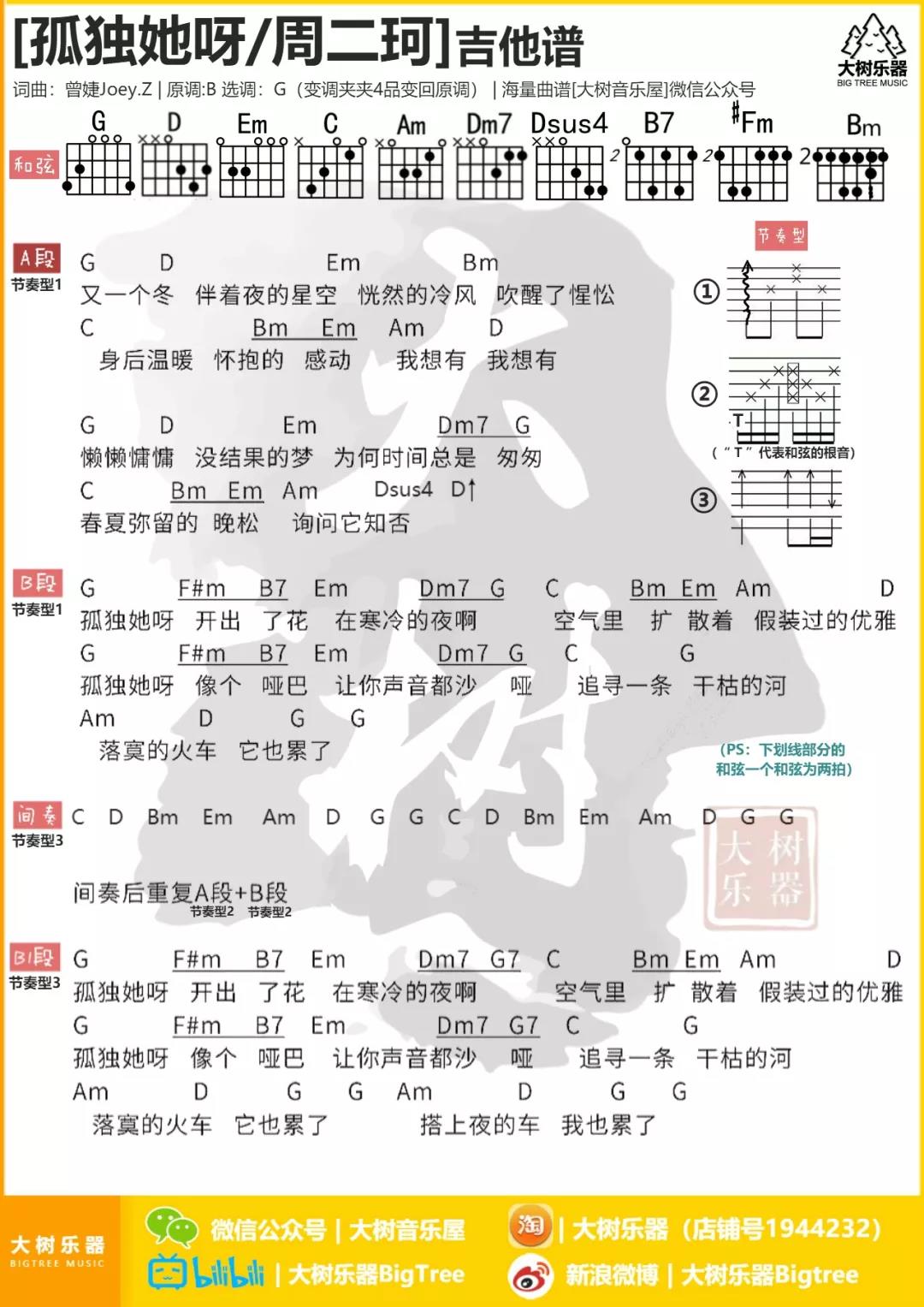 周二珂 孤独她呀吉他谱G调 大树音乐屋弹唱六线谱