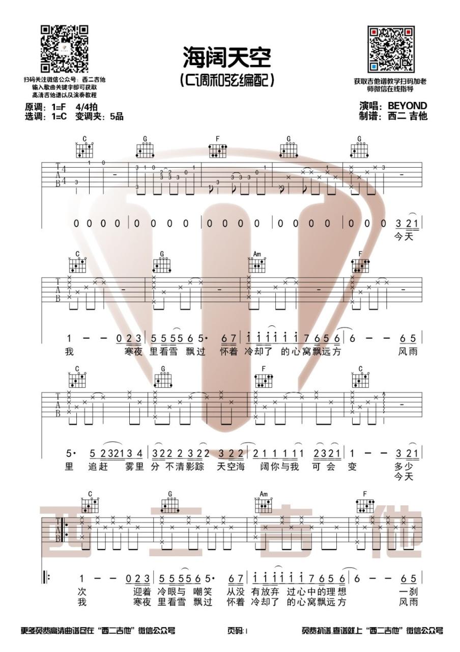 Beyond 海阔天空吉他谱C调 弹唱六线谱