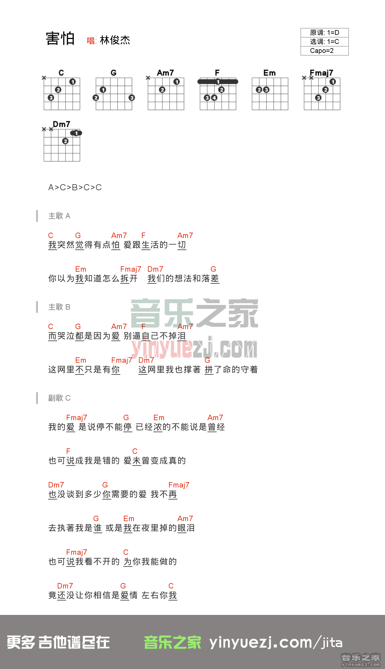 林俊杰 害怕吉他谱C调 音乐之家弹唱六线谱