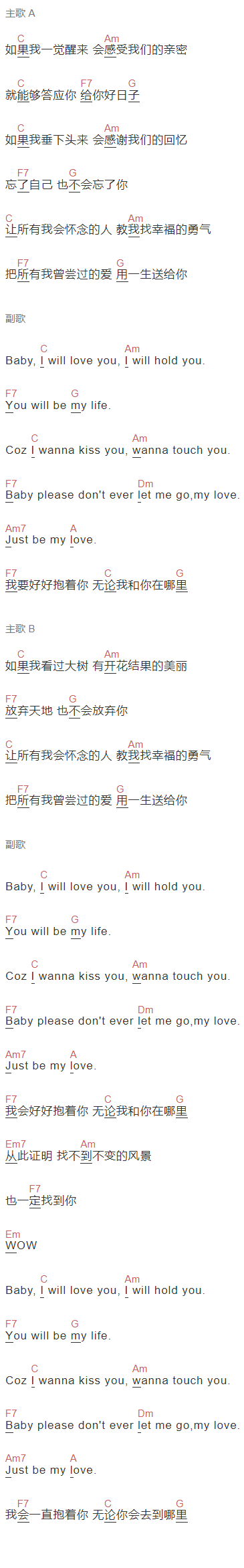 陈伟霆 好想抱着你吉他谱C调 弹唱六线谱