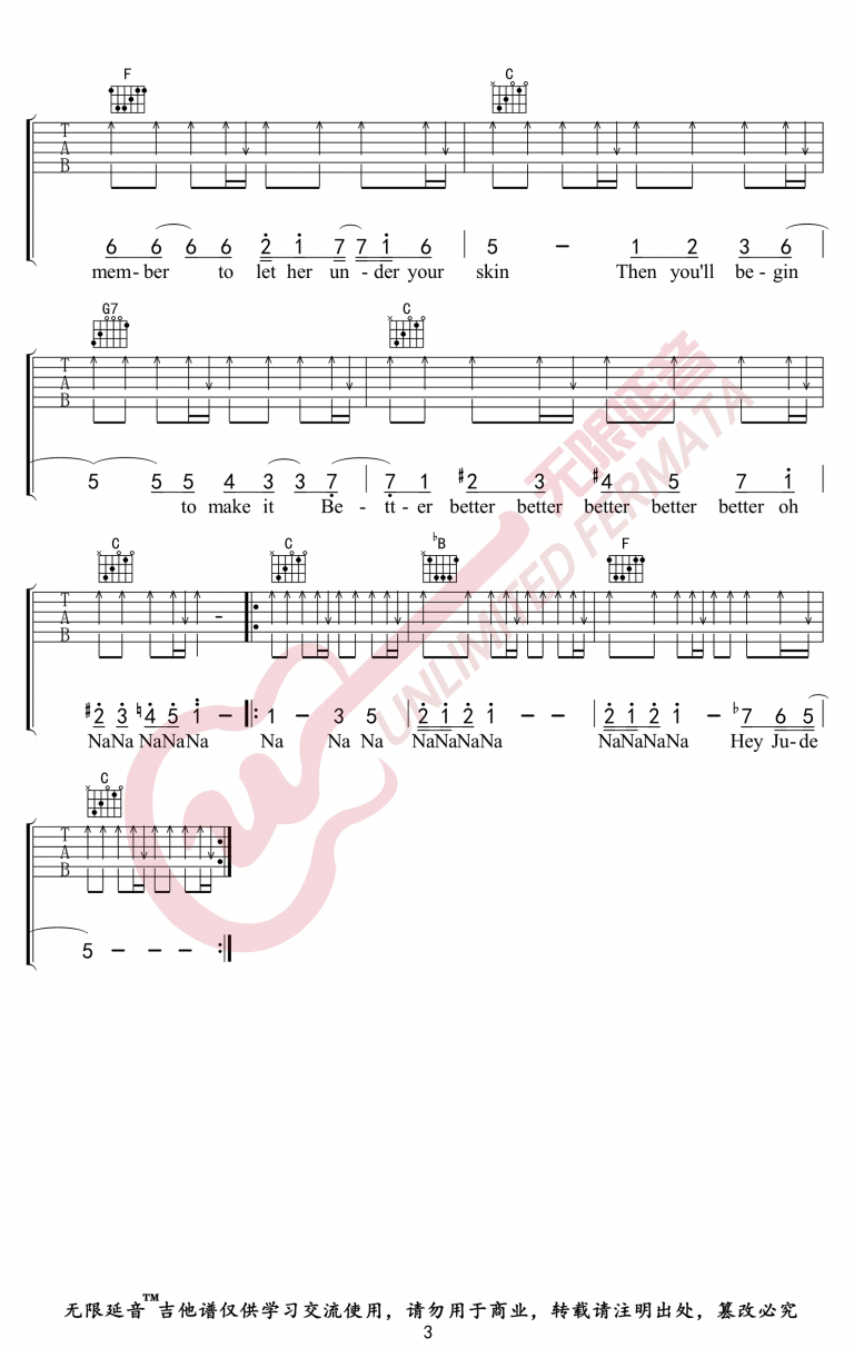 The Beatles hey Jude吉他谱C调 弹唱六线谱