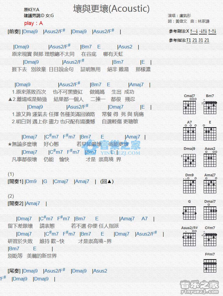 林家谦 坏与更坏吉他谱A调 弹唱六线谱