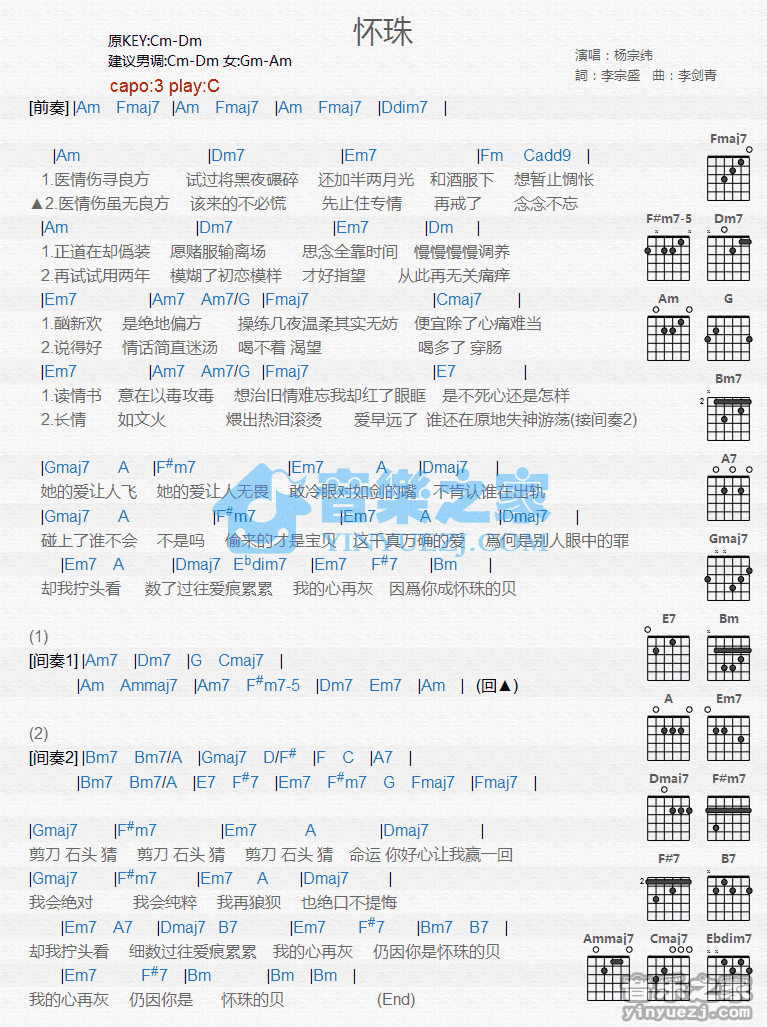 杨宗纬 怀珠吉他谱C调 音乐之家弹唱六线谱
