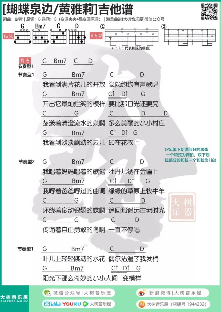 黄雅莉 蝴蝶泉边吉他谱G调 弹唱六线谱