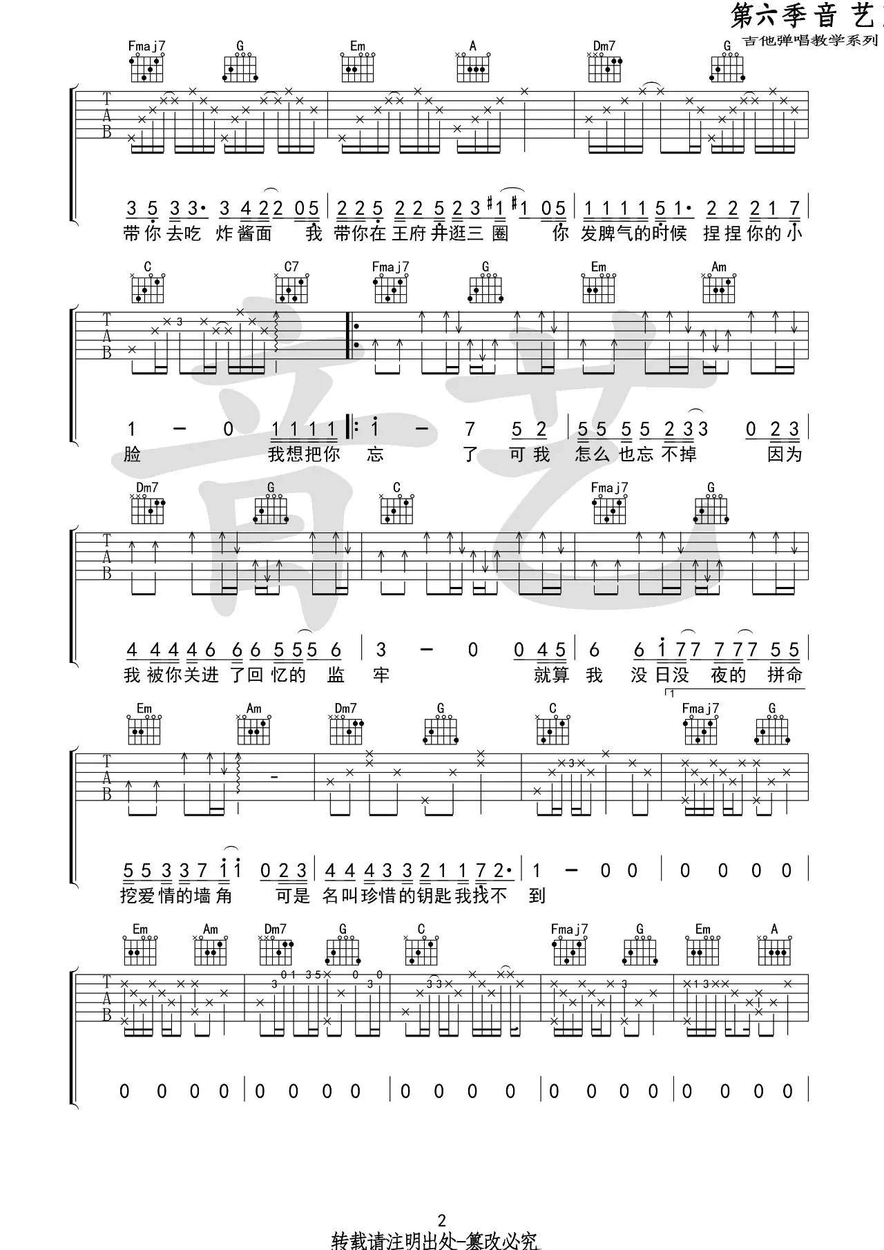 王圣夫 胡话日记吉他谱C调 音艺吉他弹唱六线谱