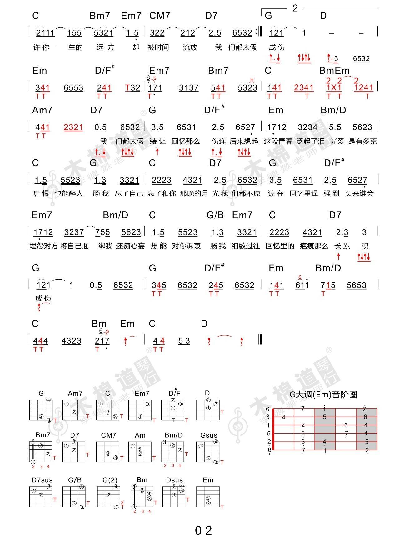 孙子涵 回忆那么伤吉他谱G调 木棉道弹唱六线谱