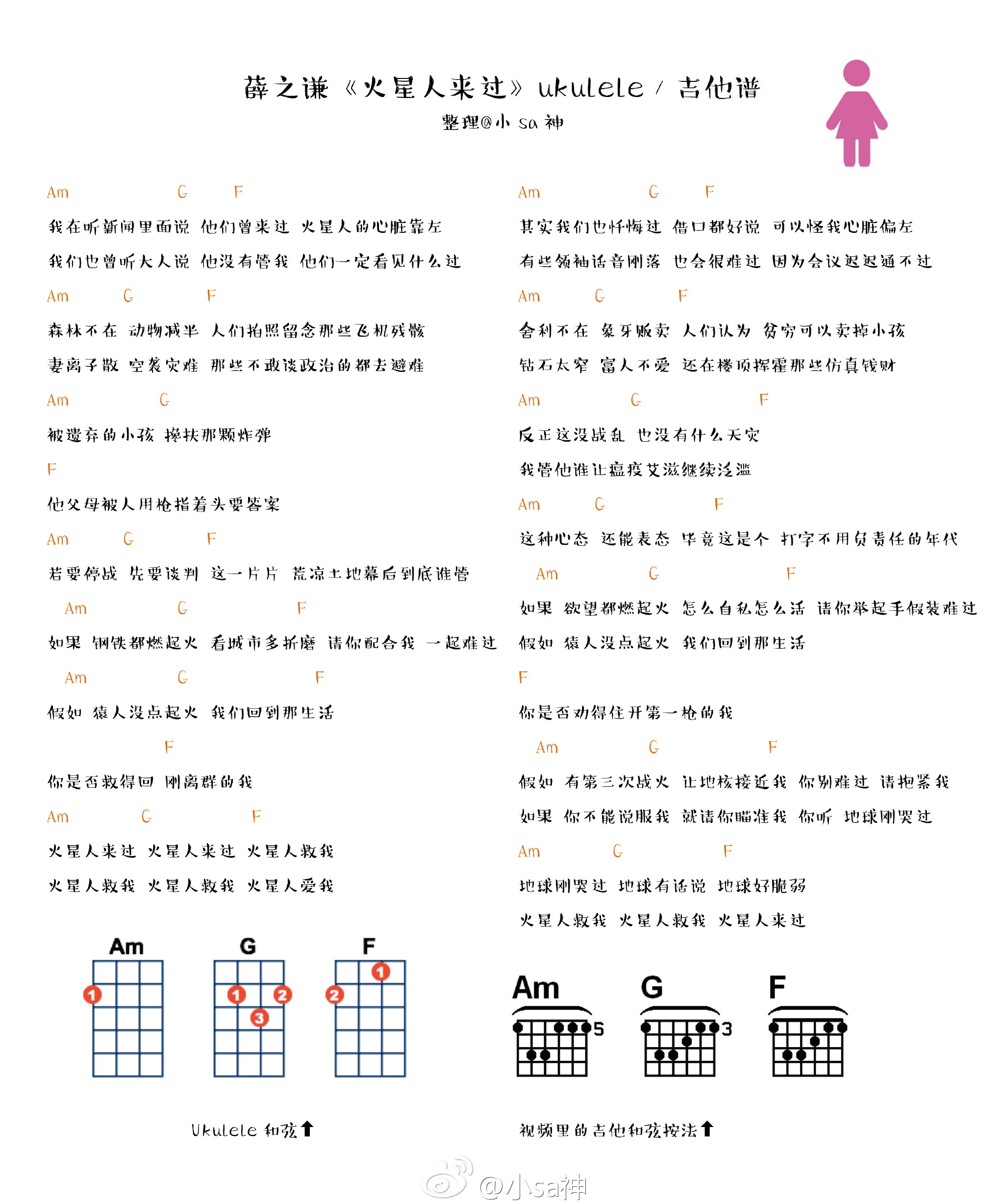 薛之谦 火星人来过吉他谱C调 小Sa神弹唱六线谱