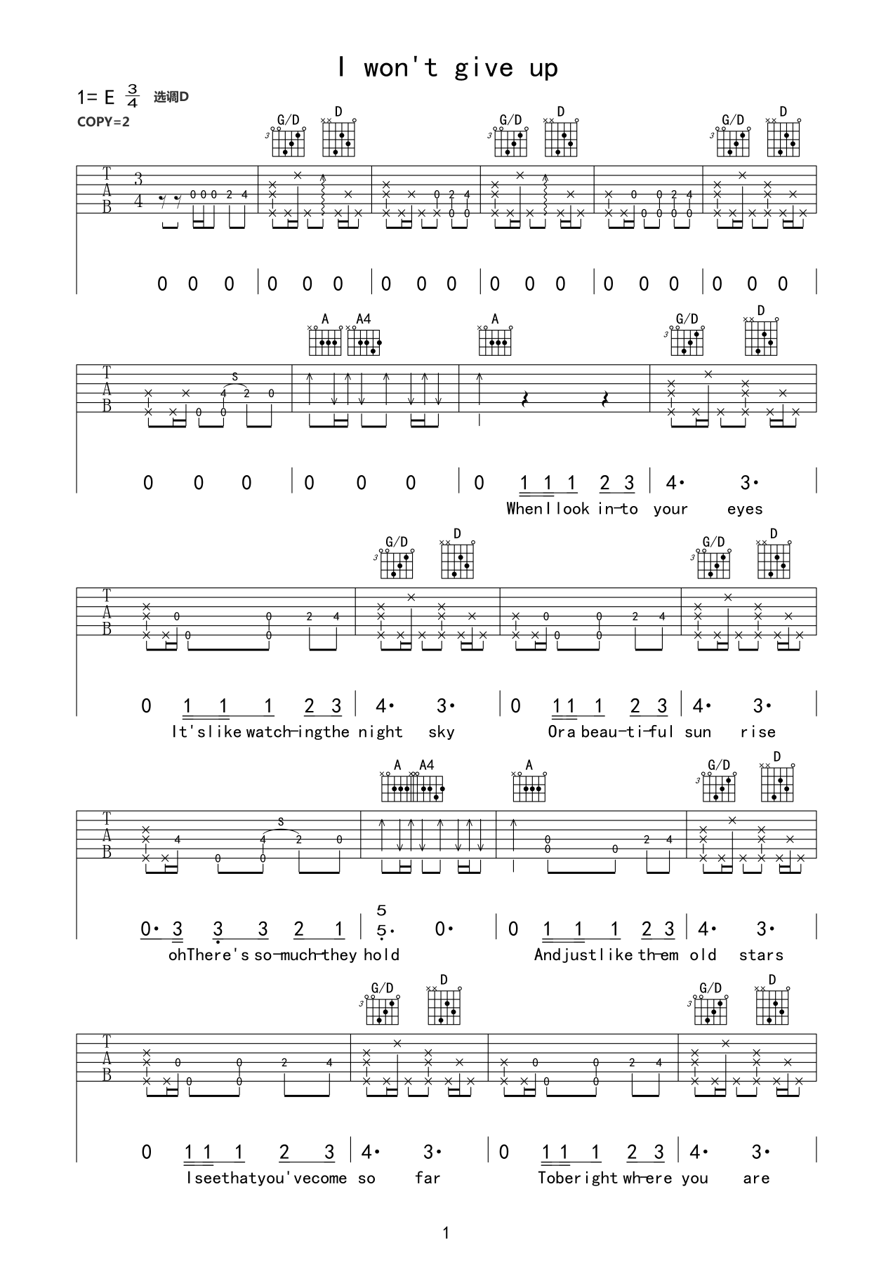 Jason Mraz i wont give up吉他谱E调 弹唱六线谱
