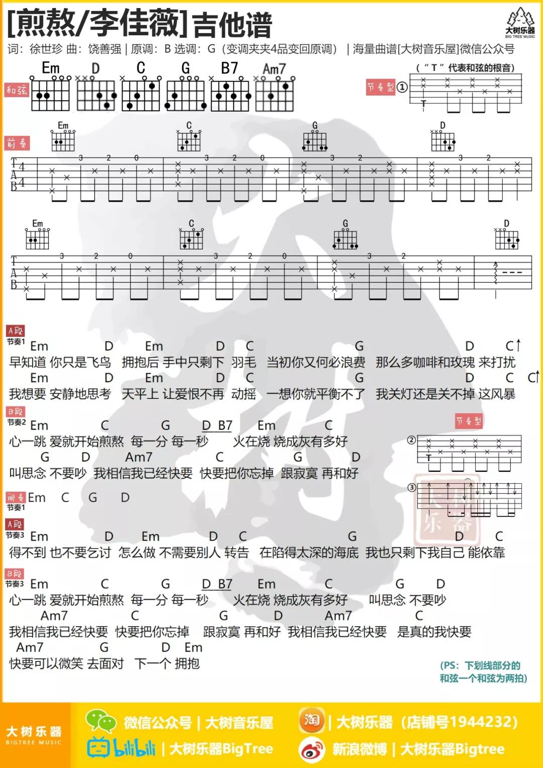 李佳薇 煎熬吉他谱G调 大树音乐屋弹唱六线谱