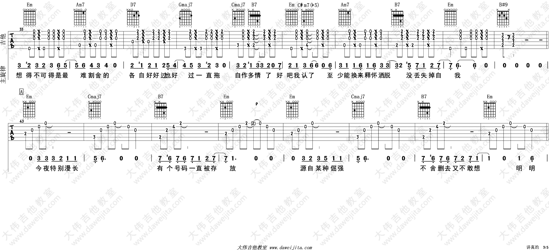 李袁杰 讲真的吉他谱G调 大伟吉他教室弹唱六线谱