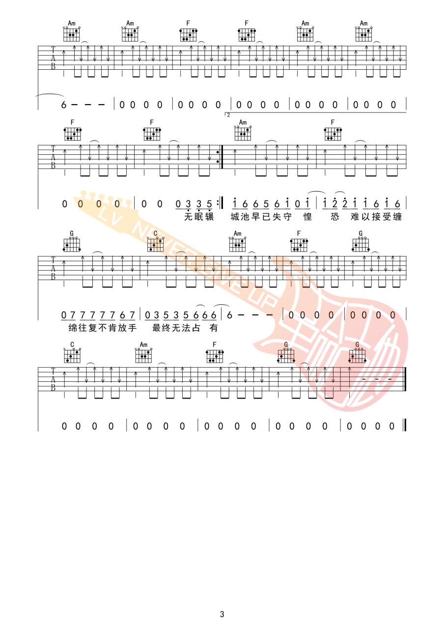 夏日入侵企画 极恶都市吉他谱F调 弹唱六线谱