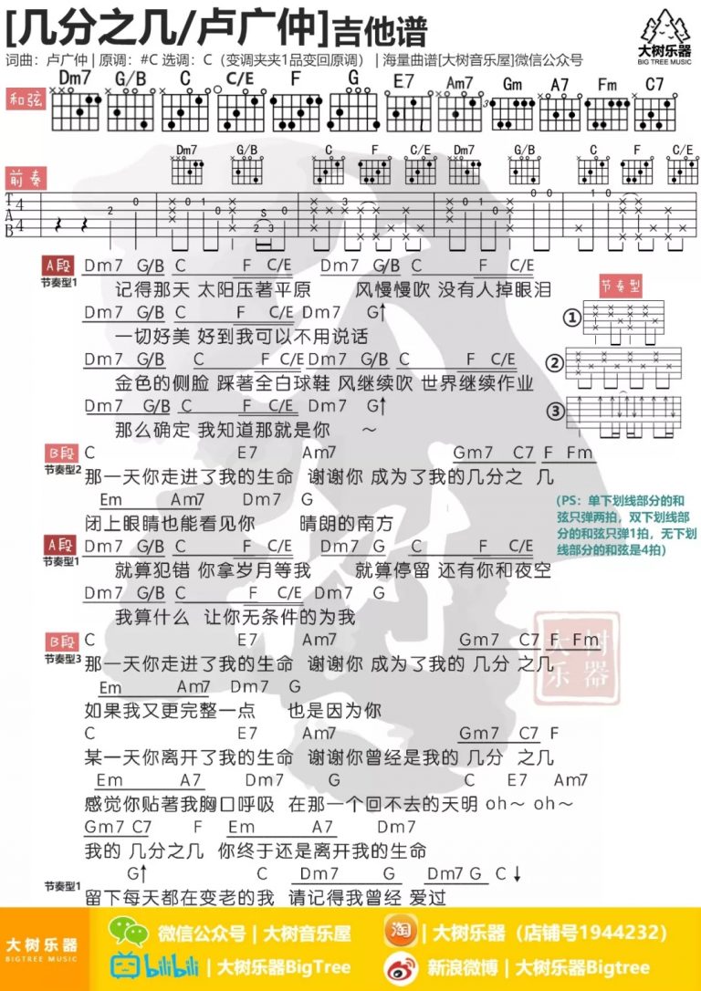 卢广仲 几分之几吉他谱D调 弹唱六线谱