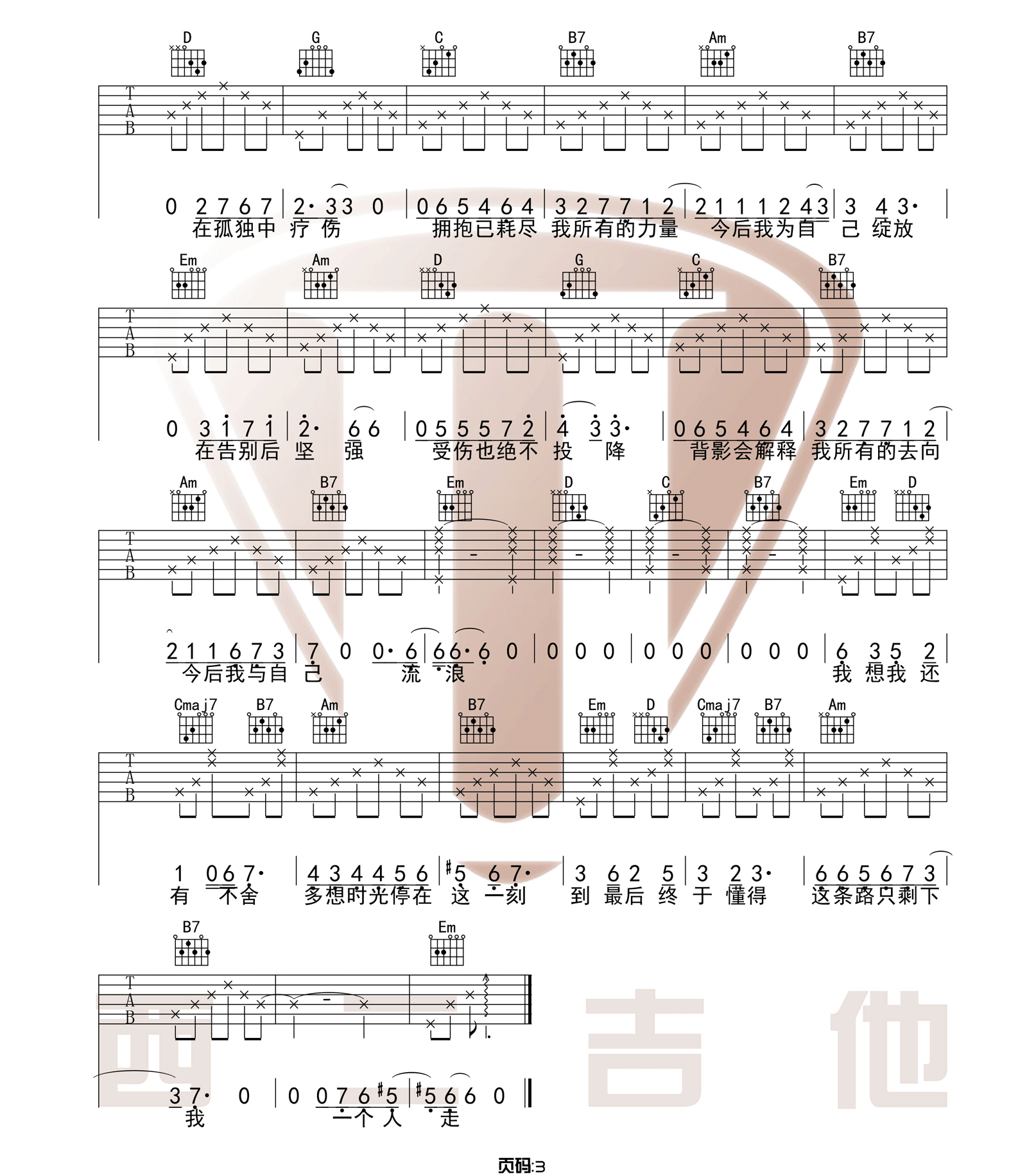 张碧晨 今后我与自己流浪吉他谱G调 弹唱六线谱