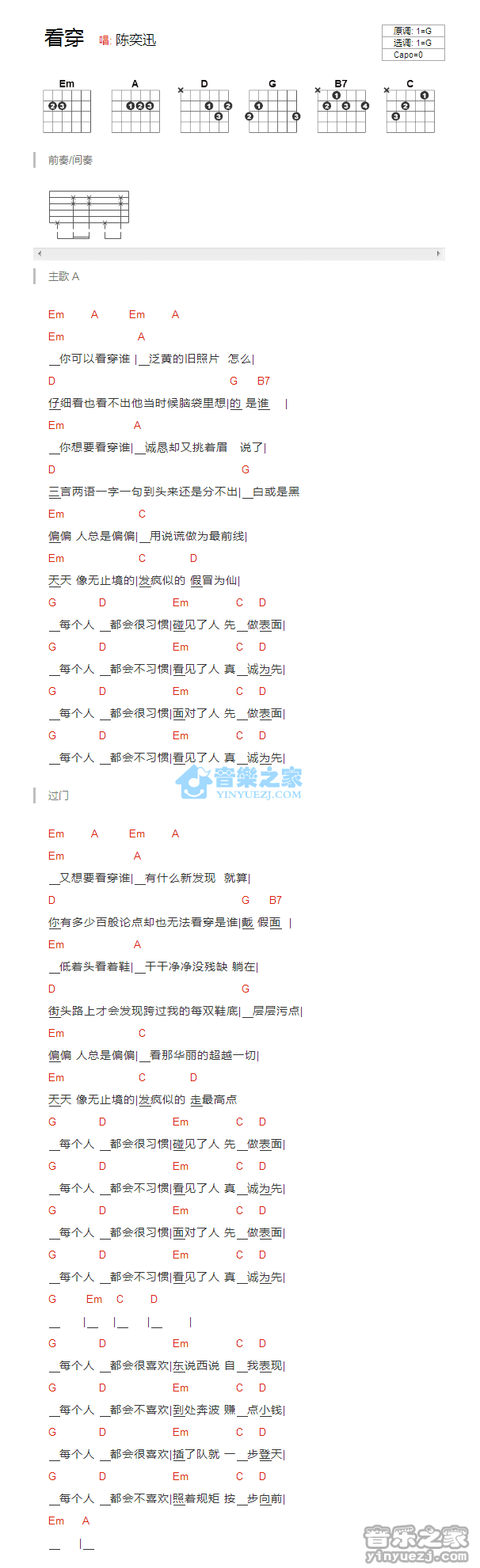 陈奕迅 看穿吉他谱G调 音乐之家弹唱六线谱