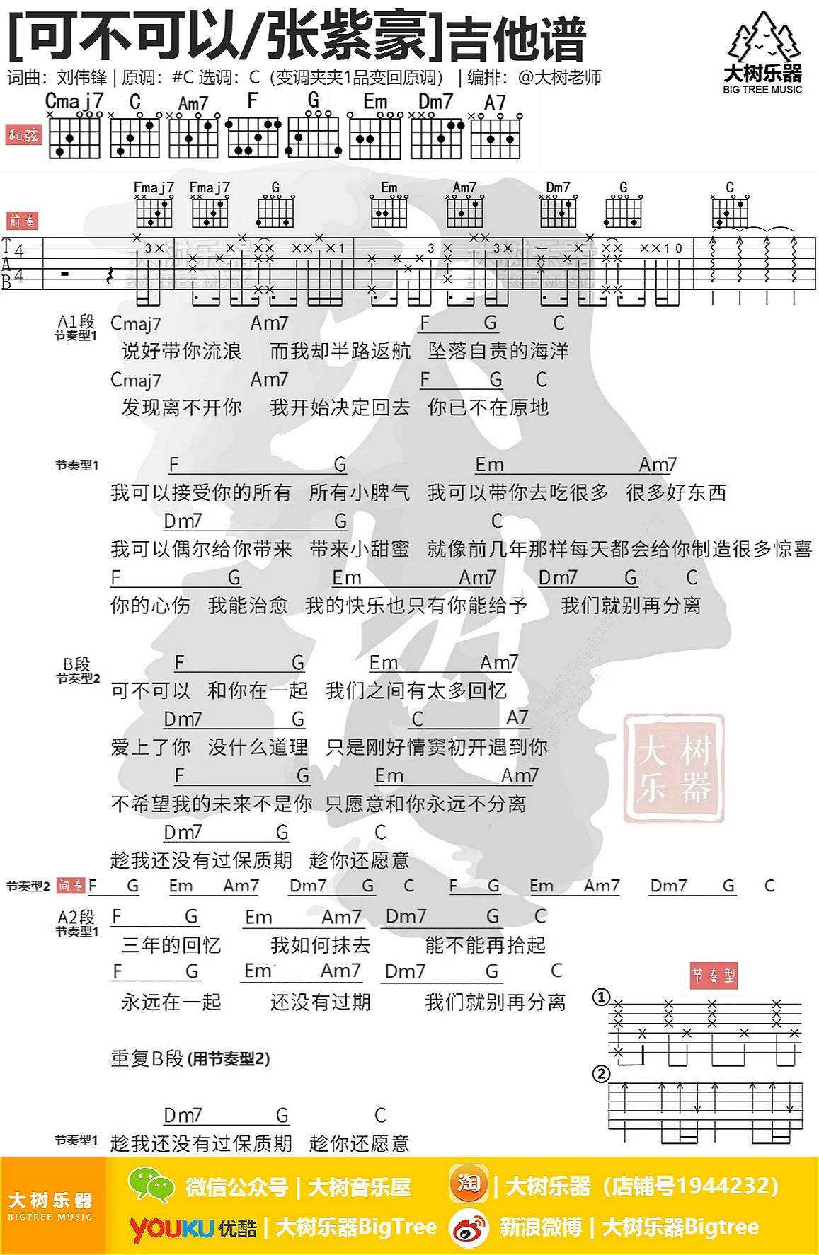 张紫豪 可不可以吉他谱C调 大树音乐弹唱六线谱