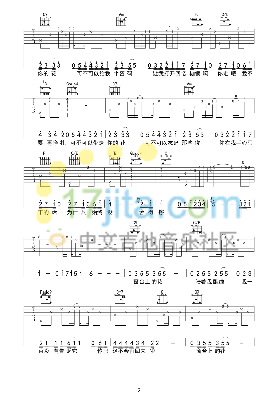 王栋鑫 可不可以忘记吉他谱C调 弹唱六线谱