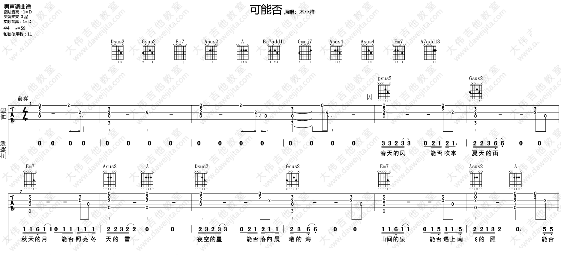 木小雅 可能否吉他谱D调 大伟吉他教室弹唱六线谱
