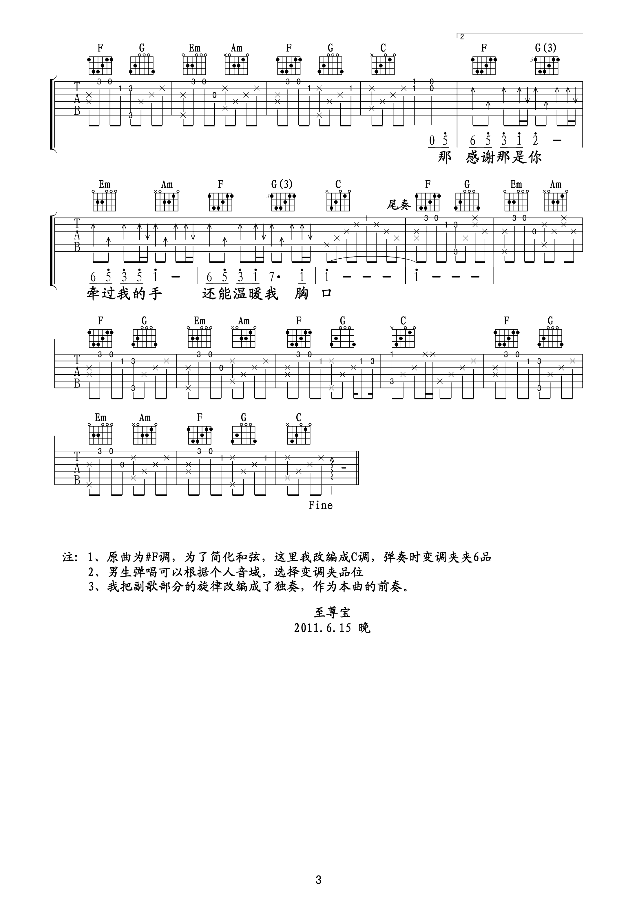梁静茹 可惜不是你吉他谱C调 弹唱六线谱