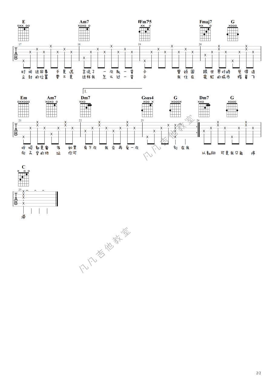 蔡依林 / 田馥甄 刻在我心底的名字吉他谱C调 弹唱六线谱