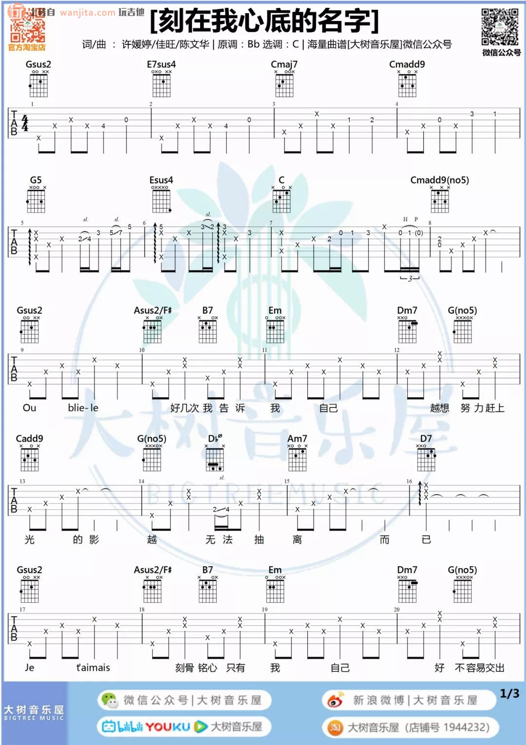 卢广仲 刻在我心底的名字吉他谱C调 弹唱六线谱