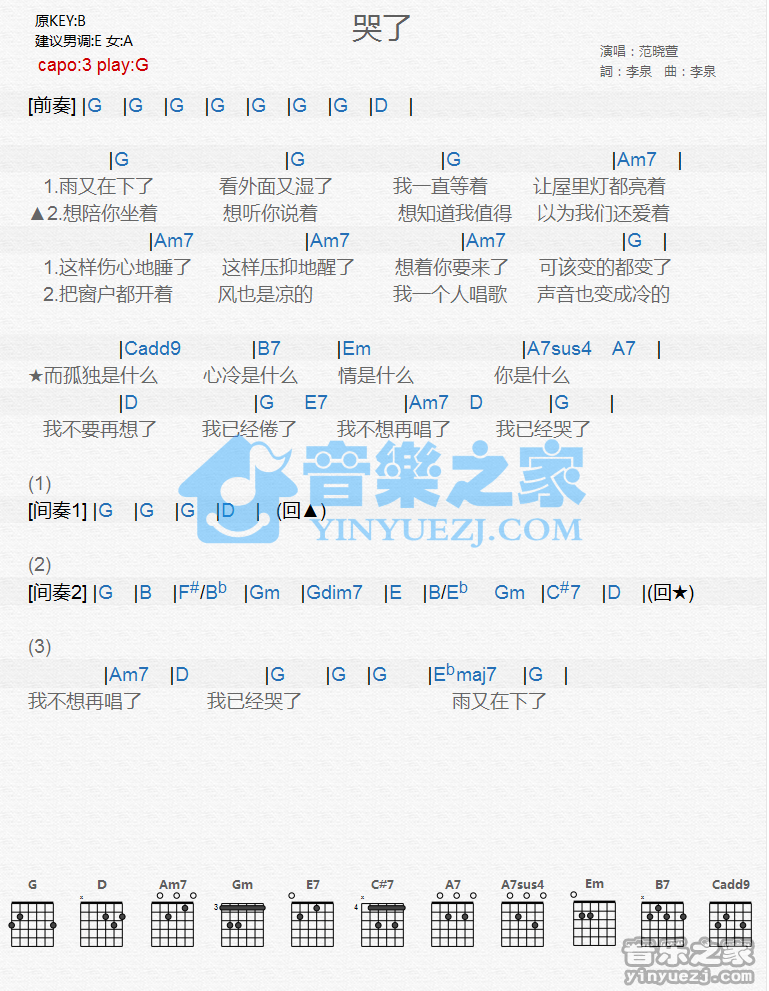 范晓萱 哭了吉他谱G调 音乐之家弹唱六线谱