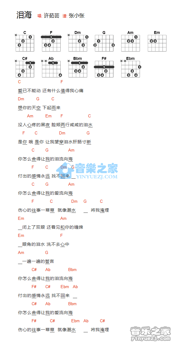 许茹芸 泪海吉他谱C调 音乐之家弹唱六线谱