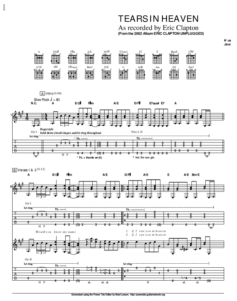 Eric Clapton 泪洒天堂指弹谱 原调六线谱精选版