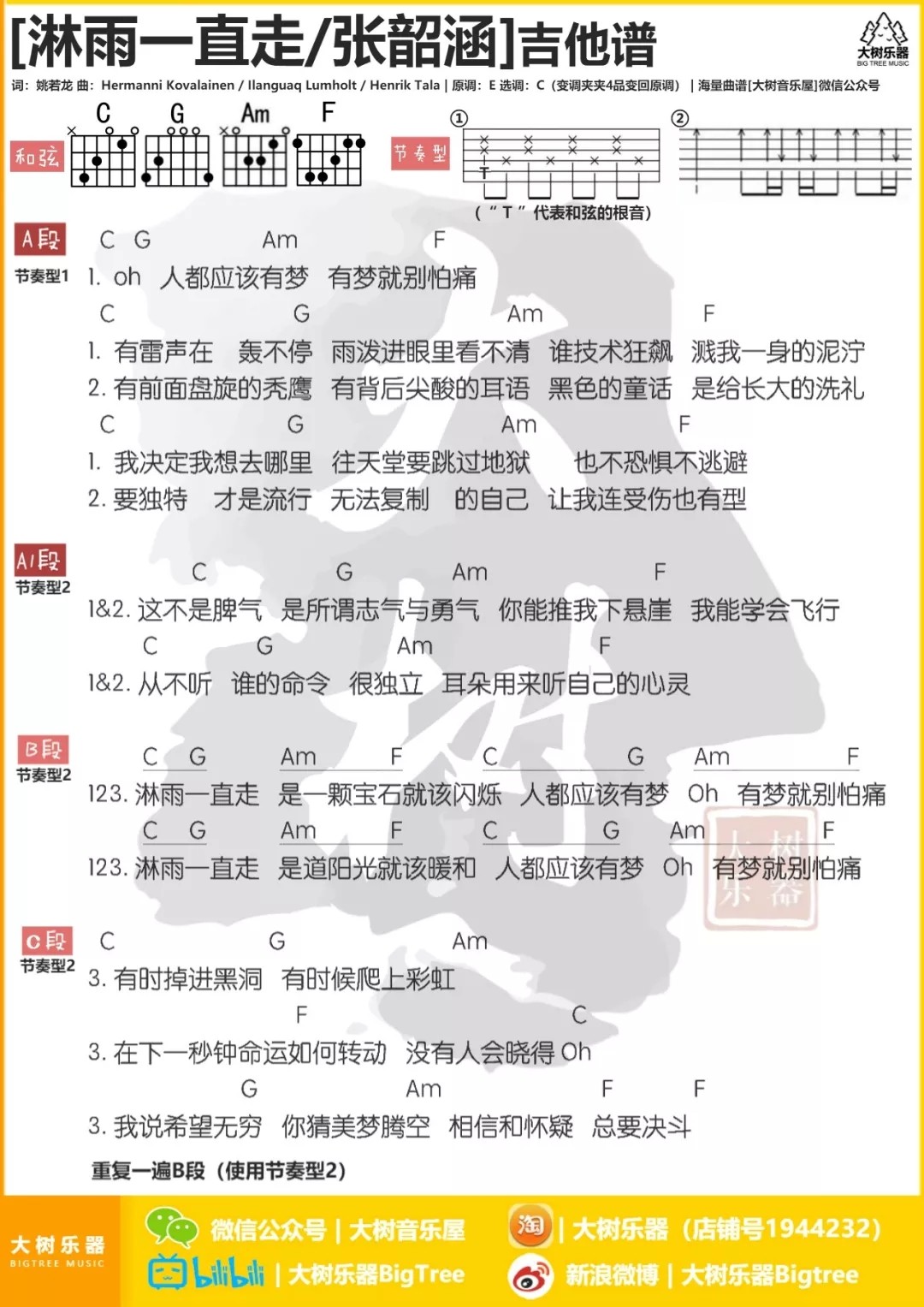 张韶涵 淋雨一直走吉他谱C调 大树音乐屋弹唱六线谱