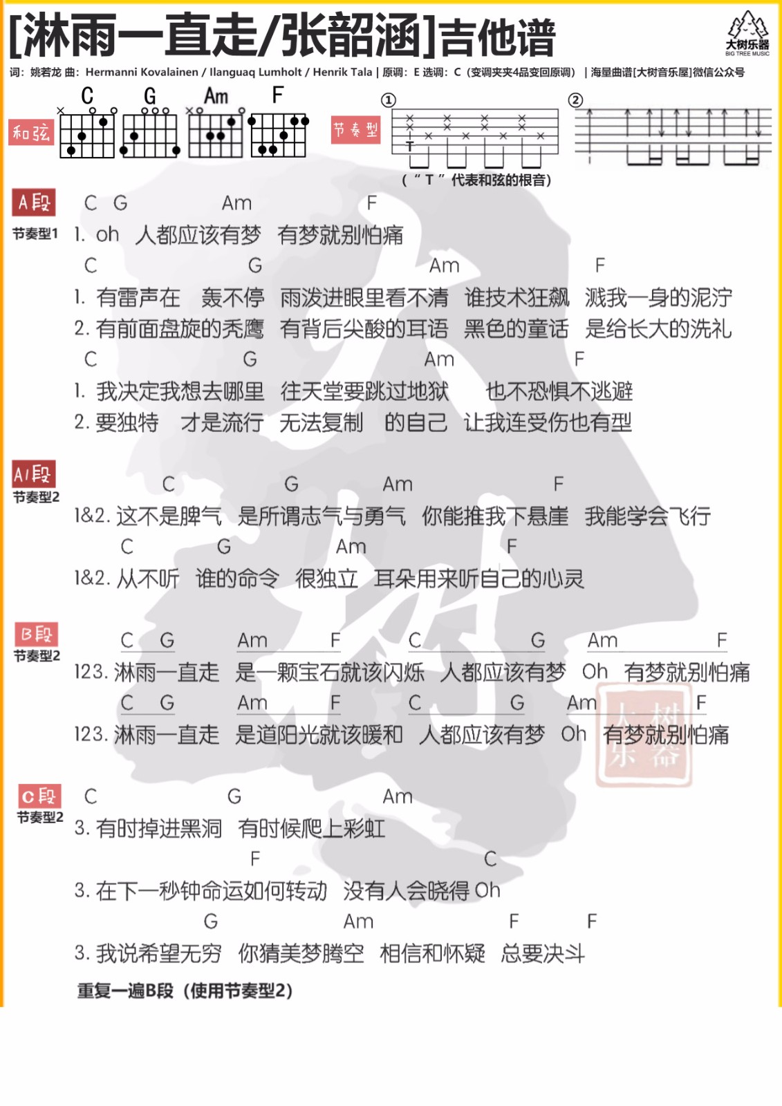 张韶涵 淋雨一直走吉他谱C调 弹唱六线谱