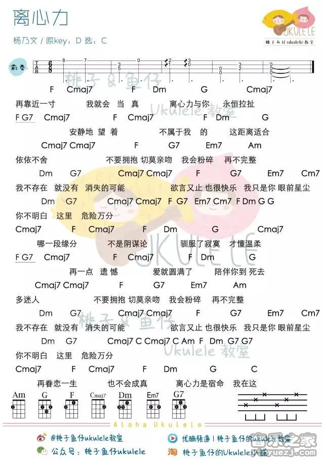 杨乃文 离心力吉他谱C调 桃子鱼仔弹唱六线谱