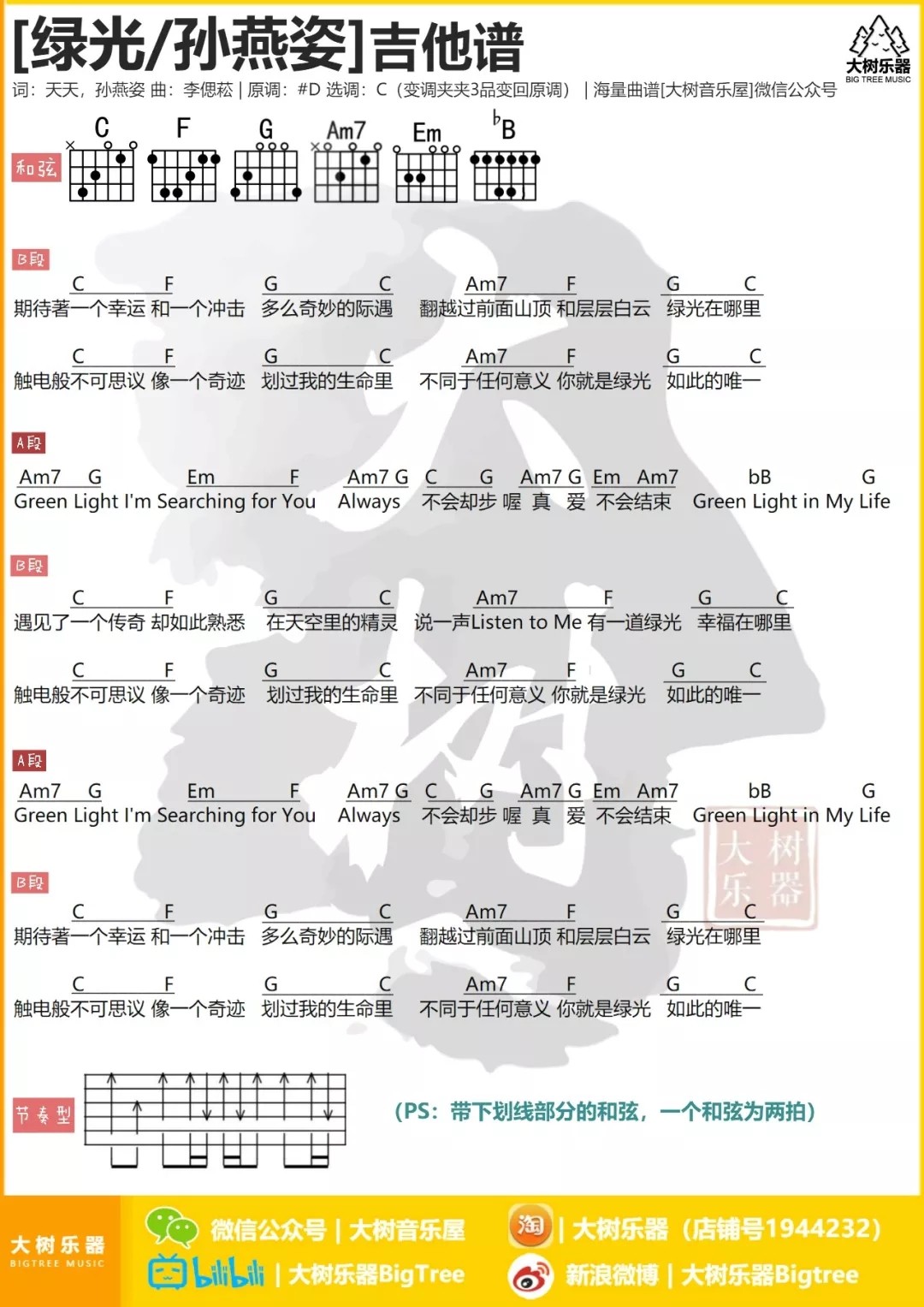 孙燕姿 绿光吉他谱C调 大树音乐屋弹唱六线谱