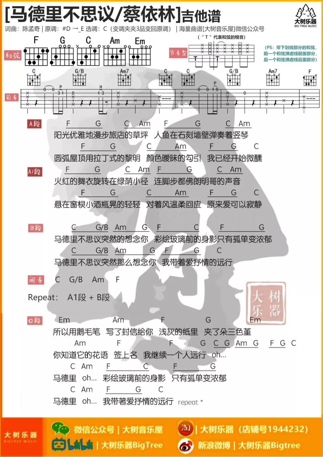 蔡依林 马德里不思议吉他谱C调 弹唱六线谱