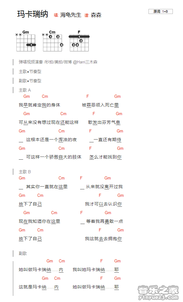 海龟先生 玛卡瑞纳吉他谱B调 音乐之家弹唱六线谱