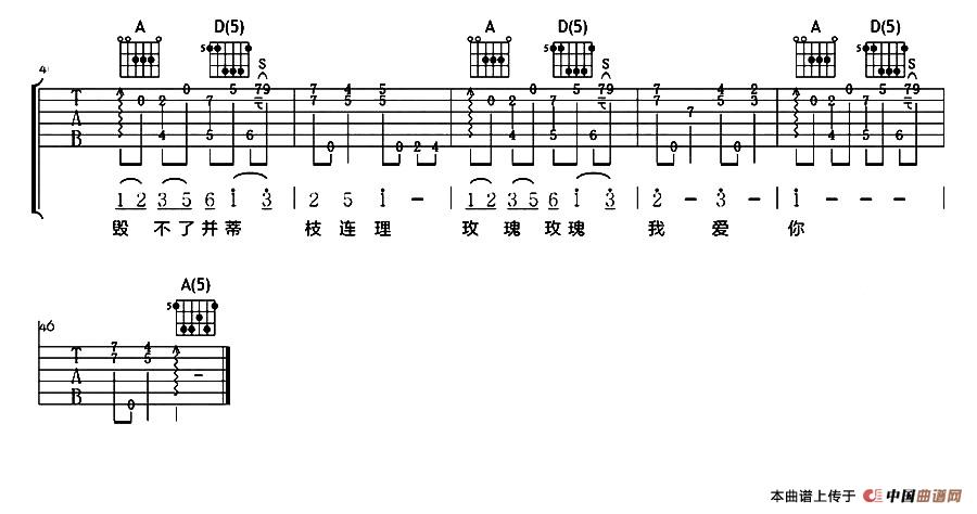 王若琳 玫瑰玫瑰我爱你吉他谱A调 吉他大本营弹唱六线谱