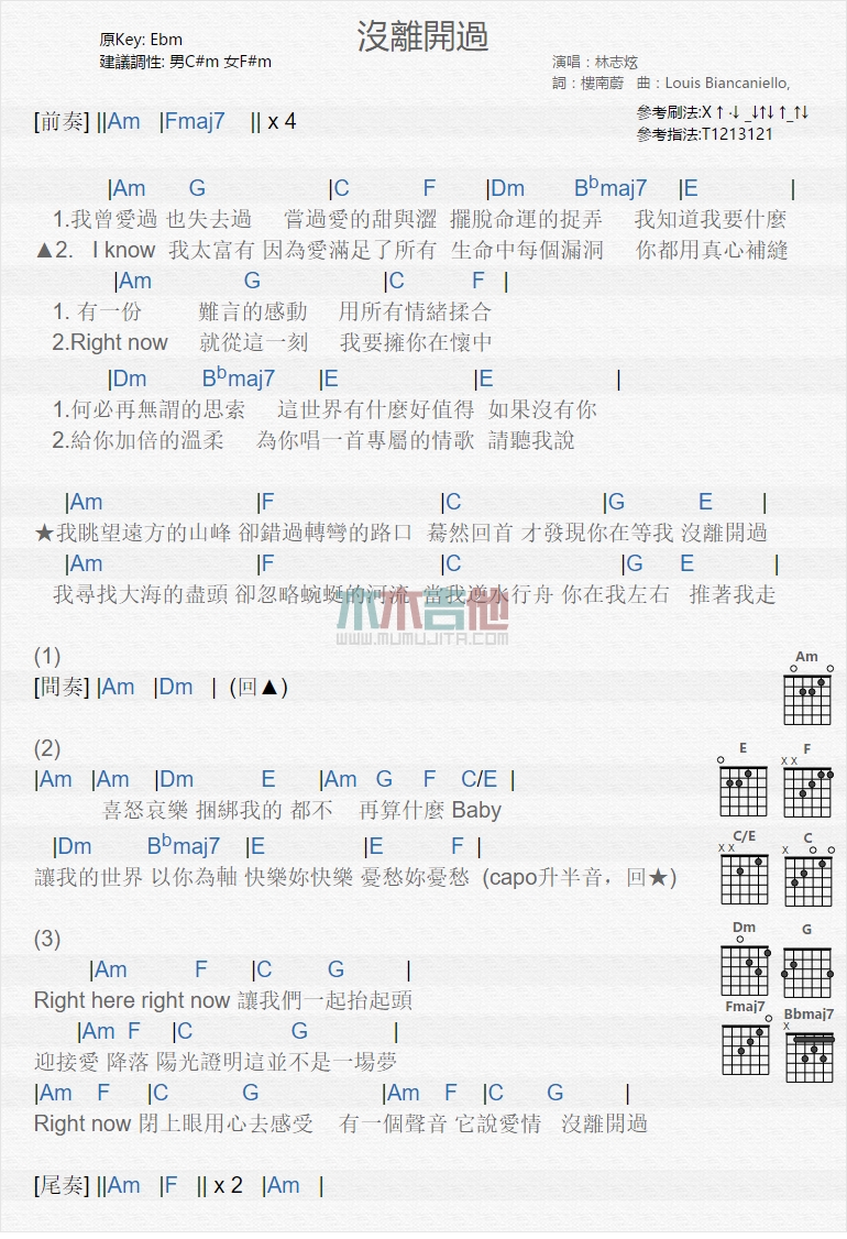 林志炫 没离开过吉他谱E调 弹唱六线谱