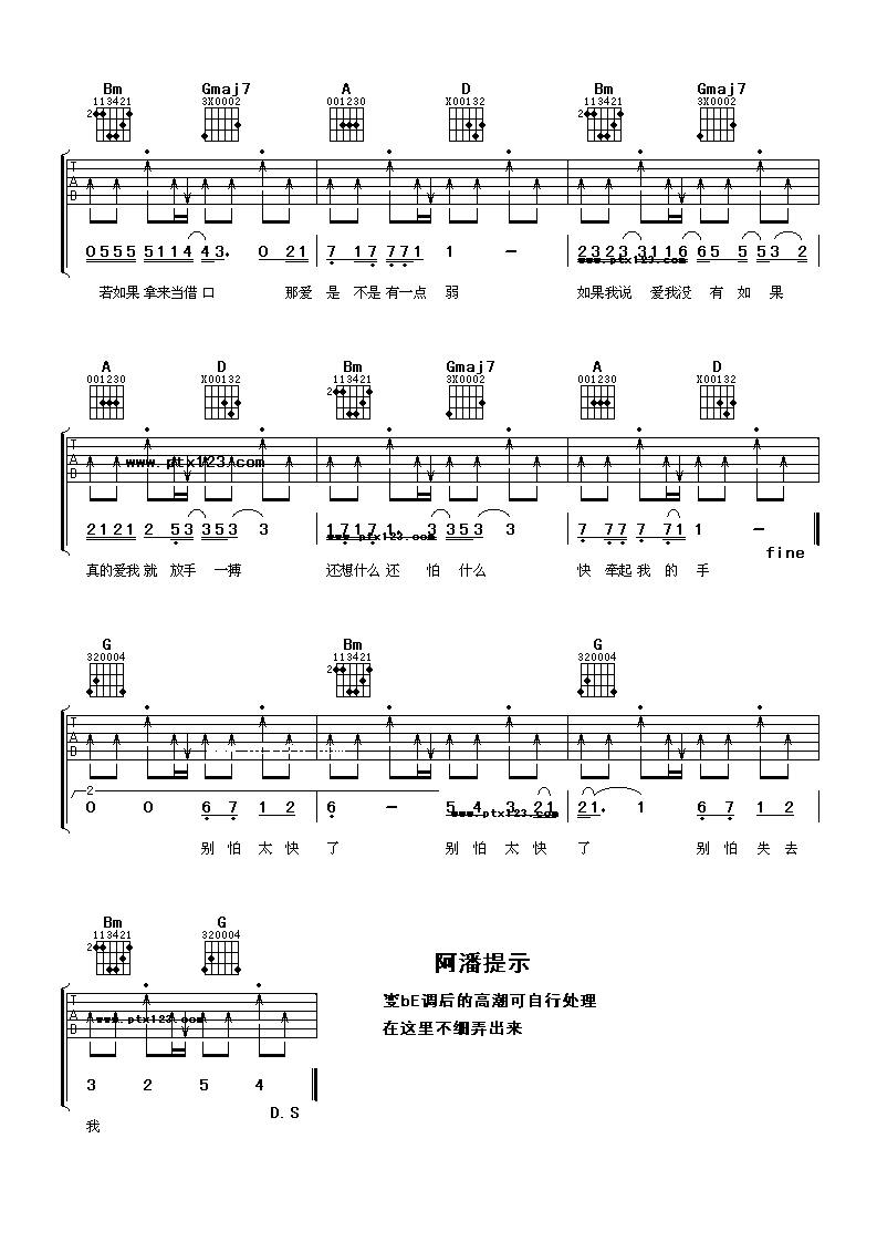 梁静茹 没有如果吉他谱D调 弹唱六线谱
