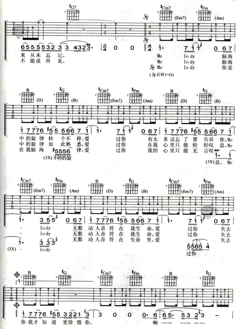 陶喆 melody吉他谱G调 小巧玲珑吉他弹唱六线谱
