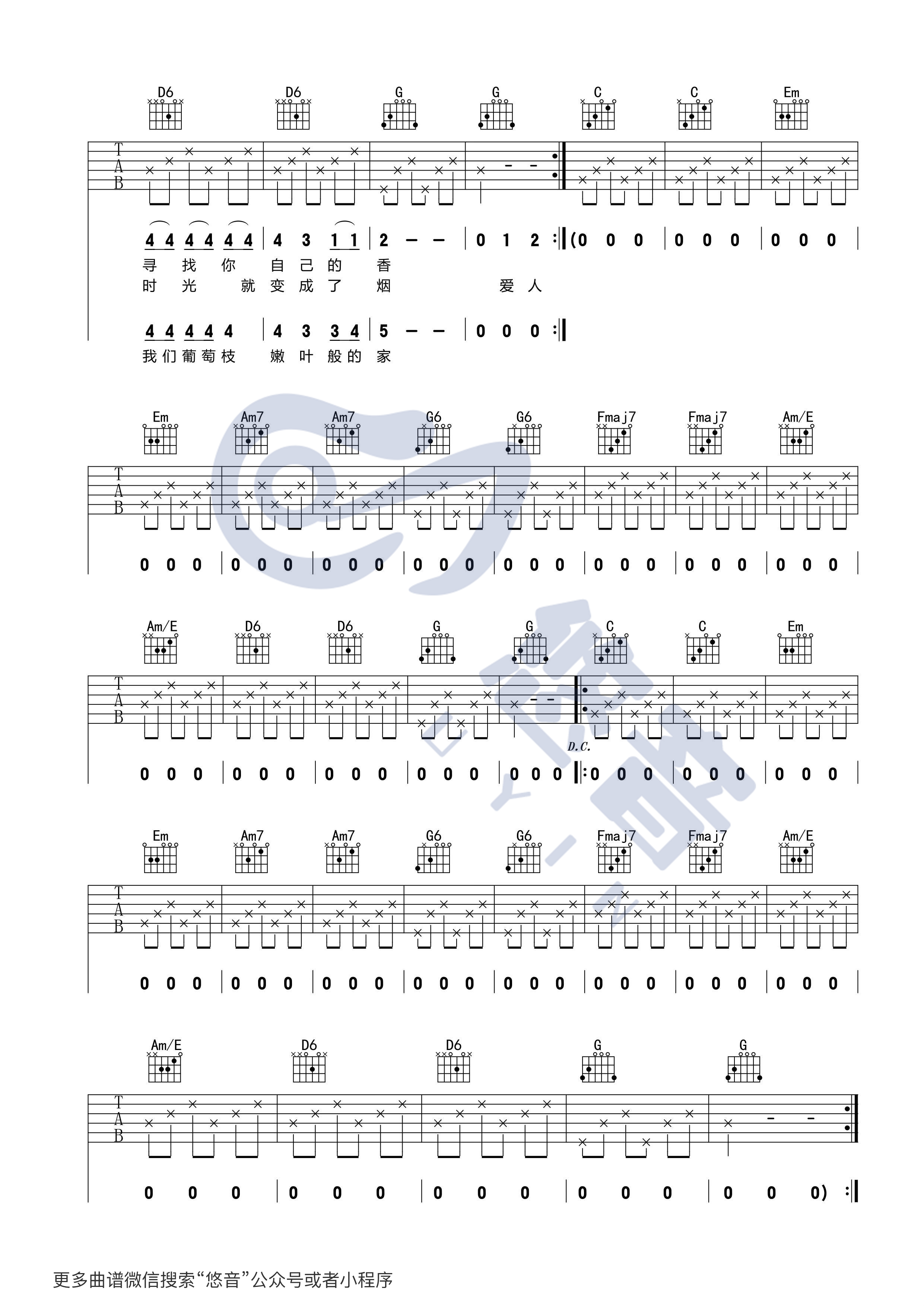 张玮玮 米店吉他谱C调 悠音课堂弹唱六线谱