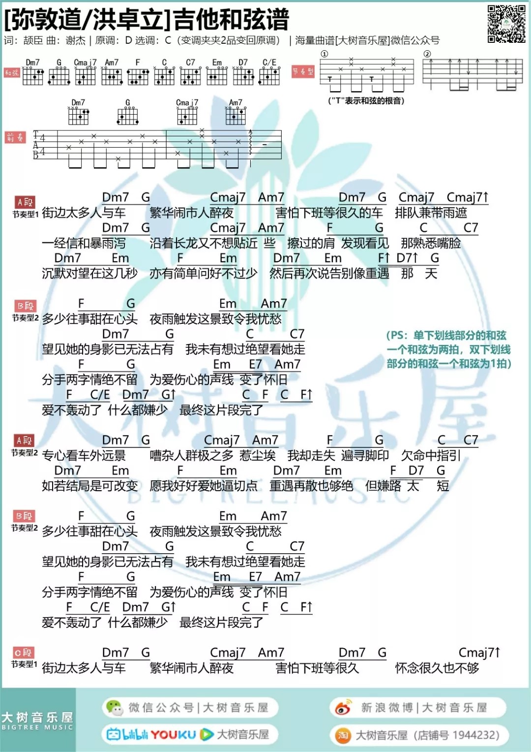 洪卓立 弥敦道吉他谱C调 大树音乐屋弹唱六线谱