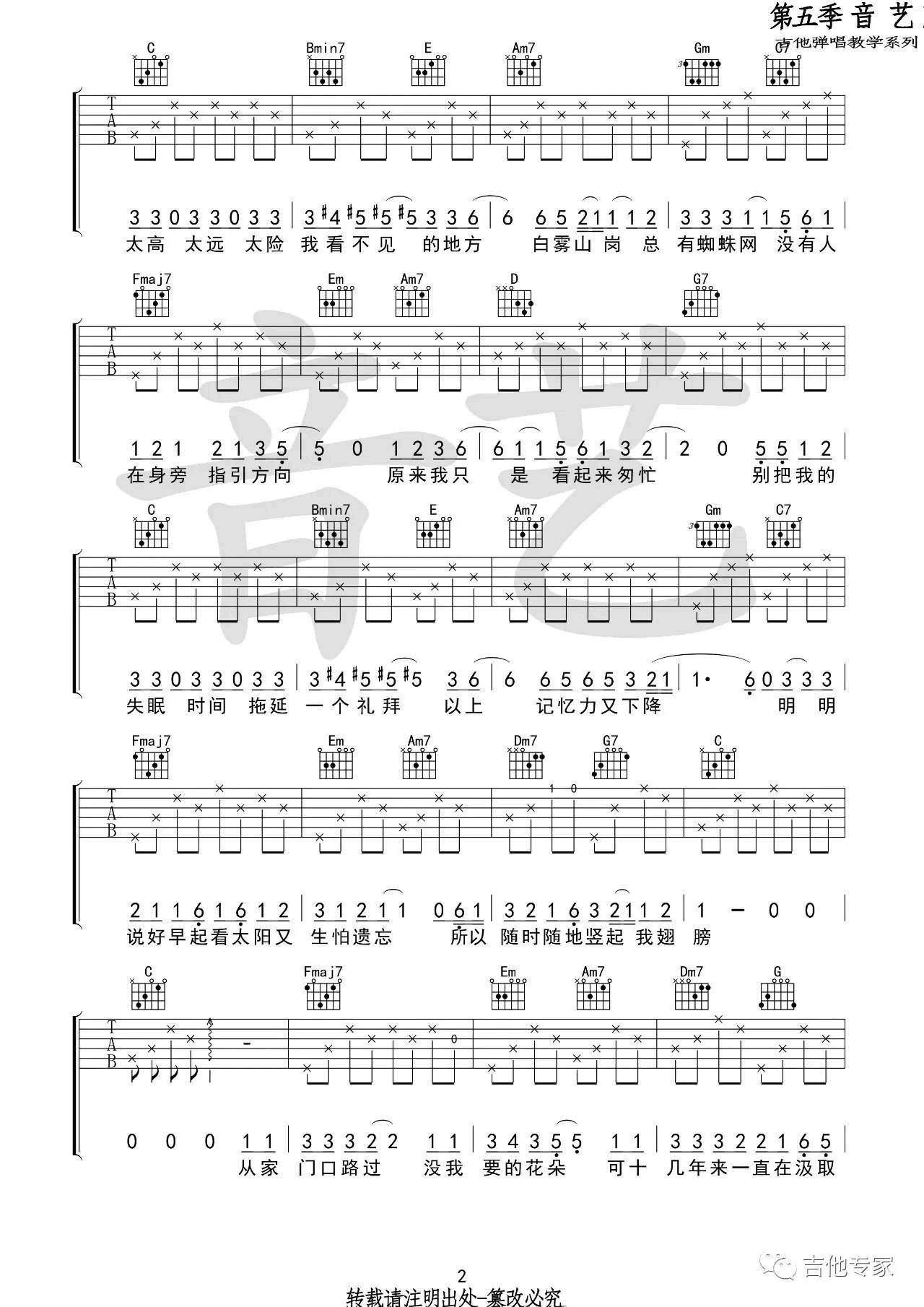 万玲琳 蜜蜂吉他谱C调 音艺吉他弹唱六线谱