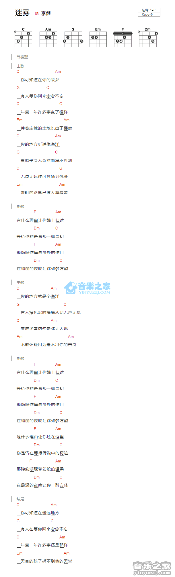 李健 迷雾吉他谱C调 音乐之家弹唱六线谱