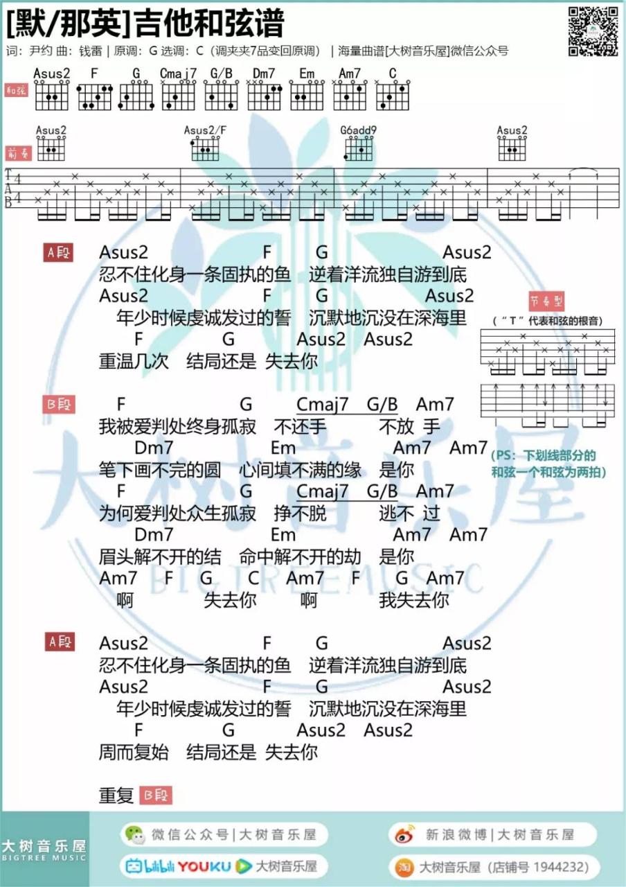 那英 默吉他谱C调 弹唱六线谱