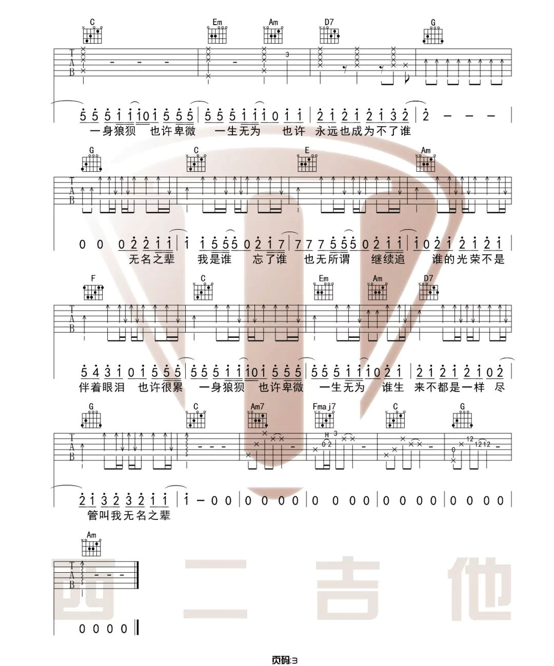 陈雪燃 无名之辈吉他谱C调 弹唱六线谱