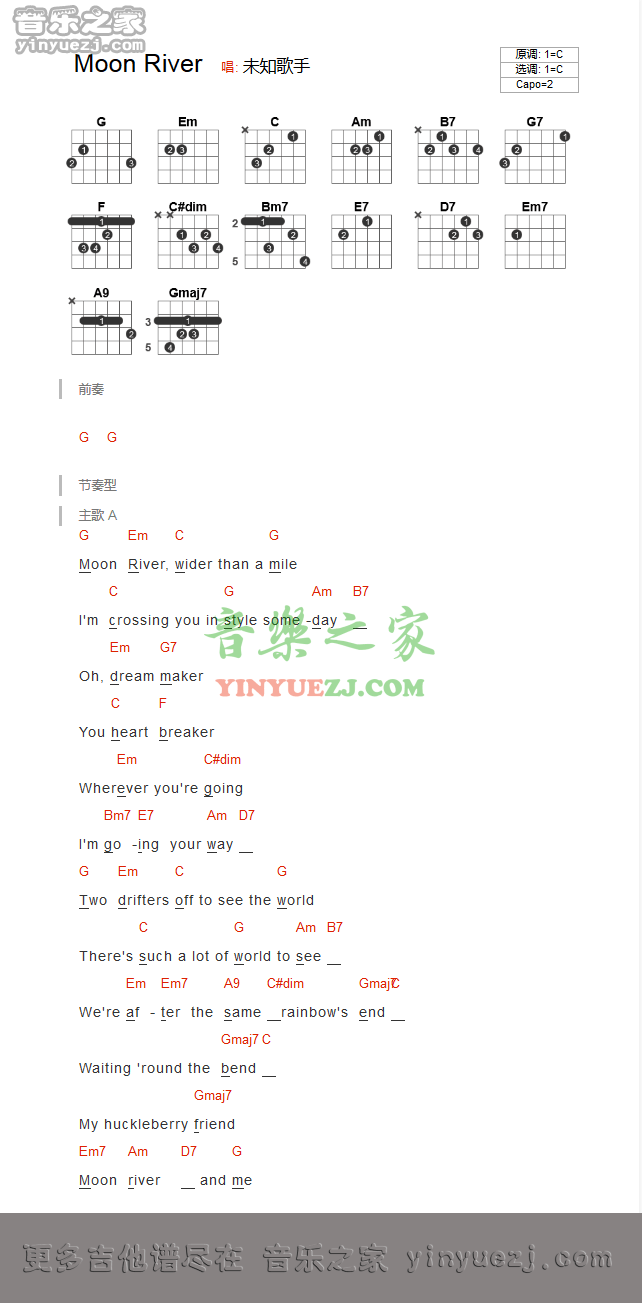 月亮河 moon river吉他谱C调 音乐之家弹唱六线谱