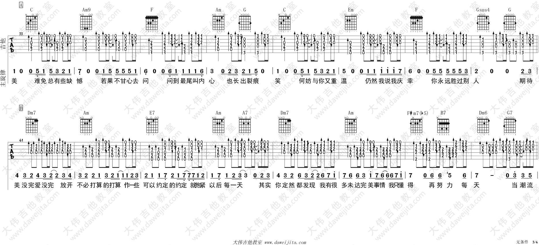 陈奕迅 无条件吉他谱C调 弹唱六线谱