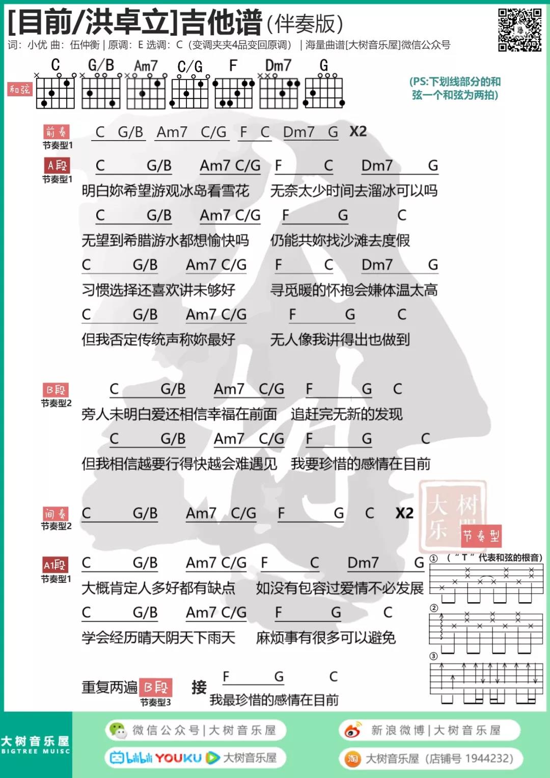 洪卓立 目前吉他谱C调 大树音乐屋弹唱六线谱