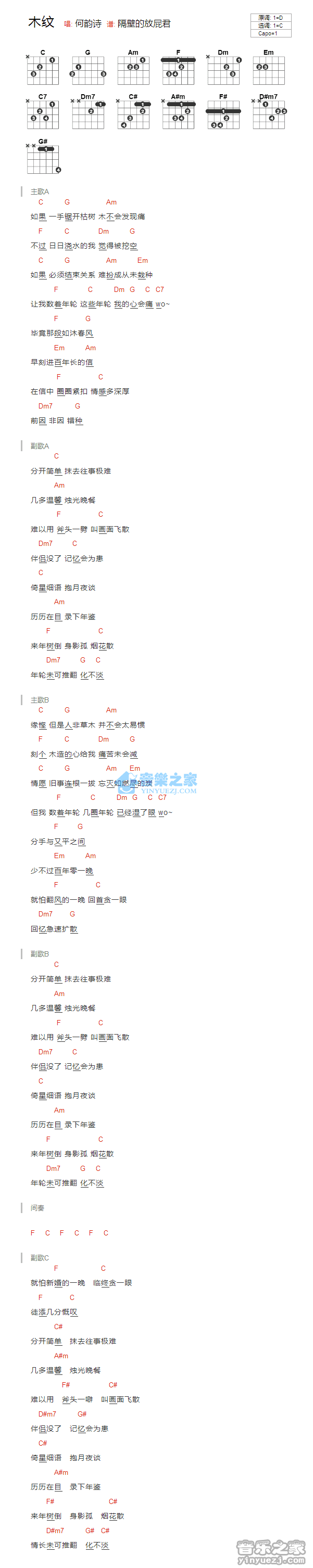 何韵诗 木纹吉他谱C调 音乐之家弹唱六线谱
